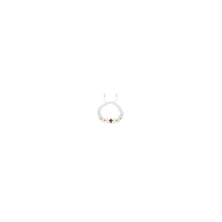 Pulsera piedra luna con cruz y puntos de hematita rosa