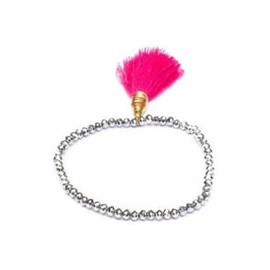 Pulsera cristales plateados con borla rosa mexicano