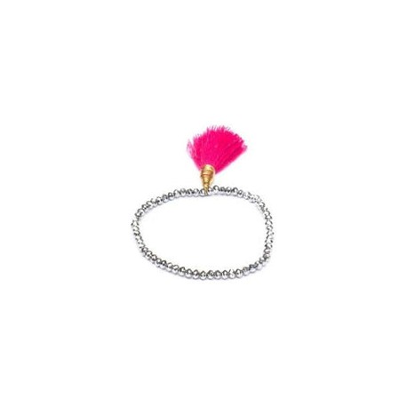 Pulsera cristales plateados con borla rosa mexicano