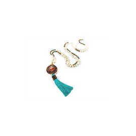 Collar de Perlas Largo con Cristales y Borla Azul Turquesa